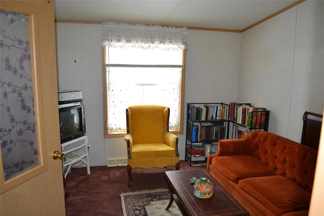 living area featuring plenty of natural light, carpet floors, and ornamental molding