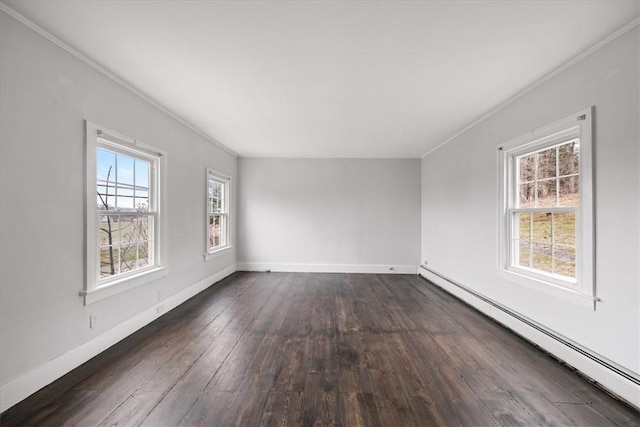 unfurnished room with dark hardwood / wood-style flooring, ornamental molding, and a baseboard heating unit