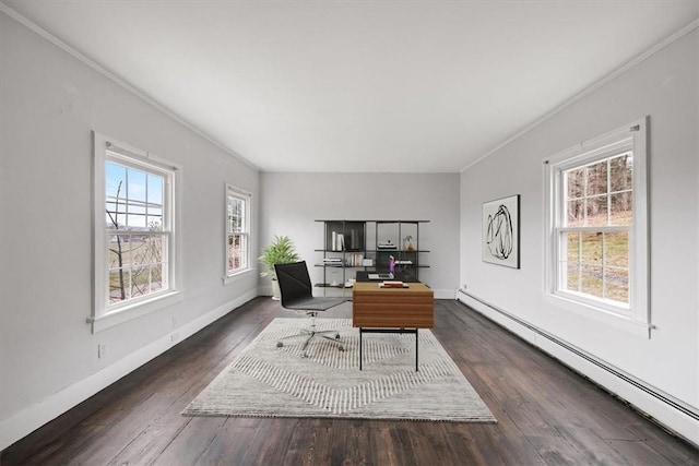 home office featuring baseboard heating, dark wood-type flooring, and ornamental molding