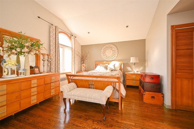 bedroom with dark hardwood / wood-style flooring, radiator, and lofted ceiling