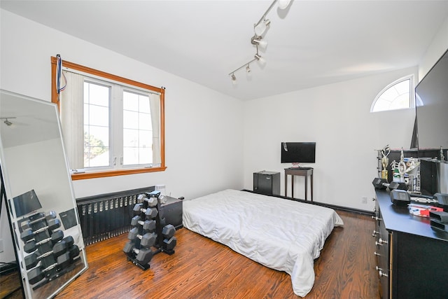 bedroom featuring track lighting and dark hardwood / wood-style floors