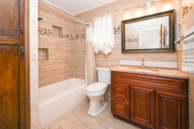 full bathroom with vanity, toilet, shower / bathtub combination with curtain, and tile walls