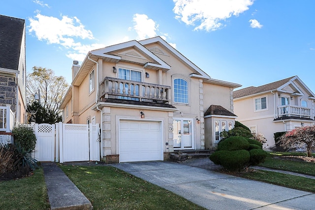 view of front of house with a balcony and a garage