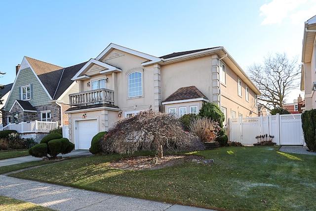 view of front of home featuring a balcony, a front lawn, and a garage