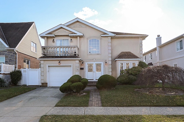 view of front of property with a garage and a balcony