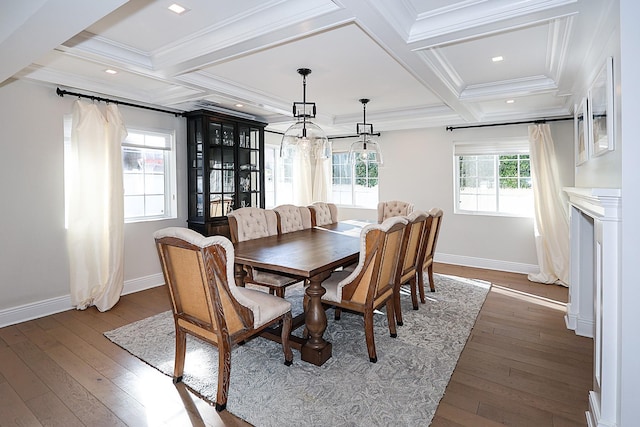 dining room featuring beamed ceiling, dark hardwood / wood-style flooring, ornamental molding, and coffered ceiling