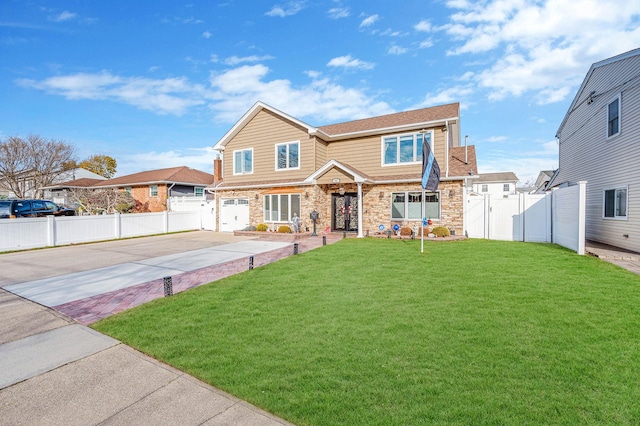 view of front of home with a garage and a front lawn