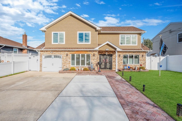 view of front of home with a front yard and a garage