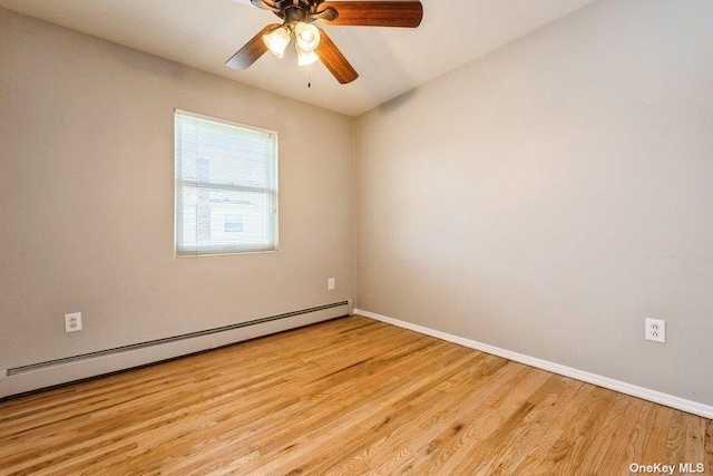 unfurnished room with a baseboard radiator, light hardwood / wood-style floors, and ceiling fan