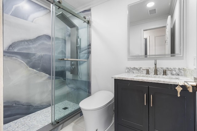 bathroom with vanity, toilet, walk in shower, and crown molding