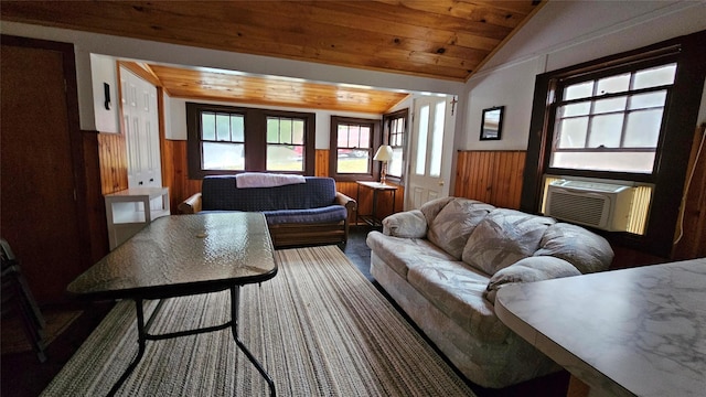 carpeted living room with cooling unit, wood ceiling, wooden walls, and vaulted ceiling