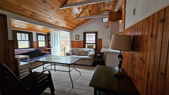 living room featuring beamed ceiling, high vaulted ceiling, wood ceiling, and wood walls