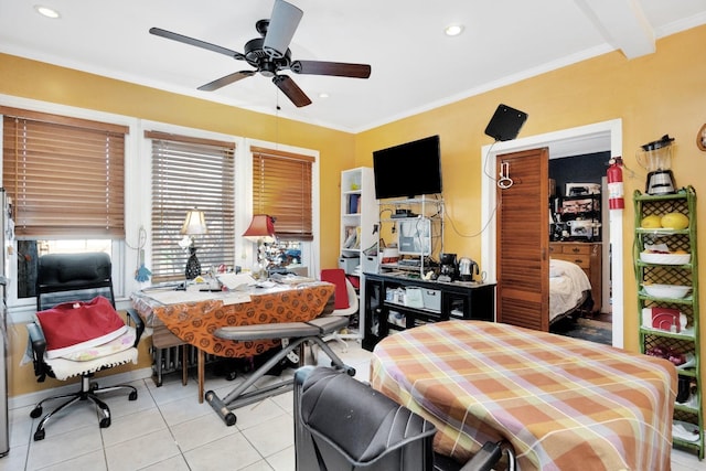 bedroom featuring ceiling fan, light tile patterned floors, and crown molding