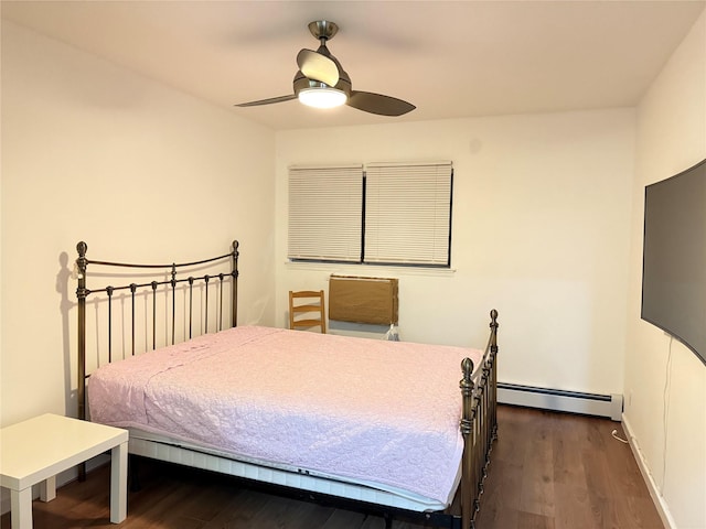 bedroom with dark hardwood / wood-style floors, ceiling fan, and a baseboard radiator