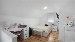 bedroom featuring light hardwood / wood-style flooring and lofted ceiling