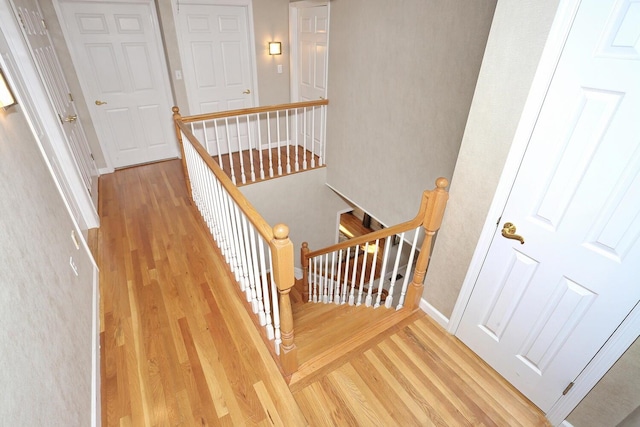 staircase with hardwood / wood-style flooring