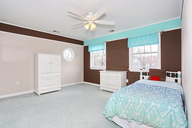 unfurnished bedroom with ceiling fan and light carpet