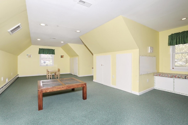 game room with lofted ceiling and carpet floors