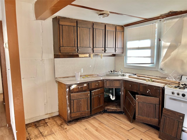 kitchen with white range, light hardwood / wood-style floors, and sink