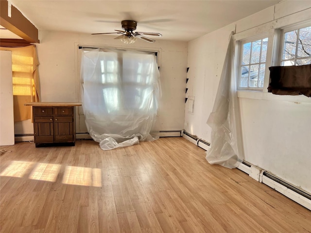 unfurnished dining area featuring ceiling fan and light hardwood / wood-style floors