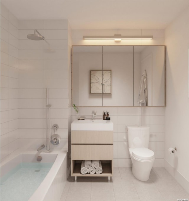 full bathroom with tiled shower / bath combo, tile patterned floors, toilet, vanity, and tile walls