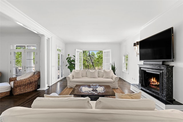 living room featuring dark hardwood / wood-style flooring, ornamental molding, a fireplace, and french doors