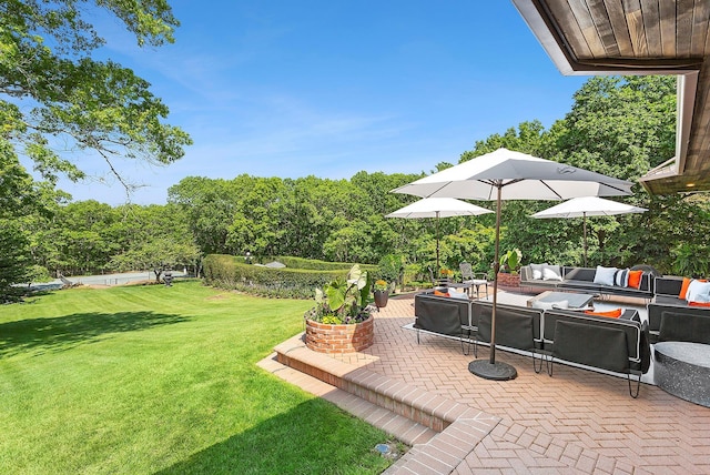 view of yard featuring outdoor lounge area and a patio area