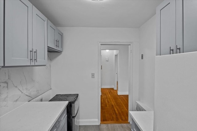 kitchen featuring tasteful backsplash and light hardwood / wood-style flooring