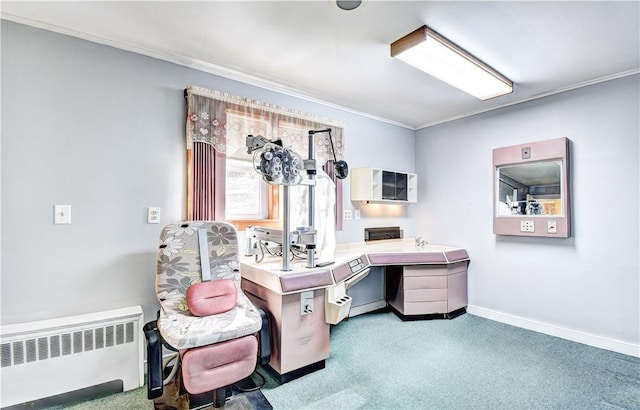 carpeted office featuring radiator heating unit and crown molding