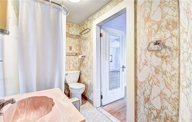 bathroom with hardwood / wood-style flooring, toilet, walk in shower, and sink