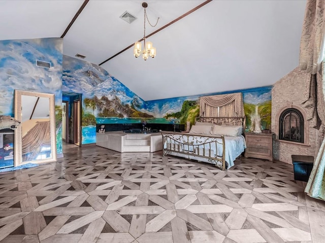 bedroom with light parquet flooring, sink, vaulted ceiling, a fireplace, and a chandelier