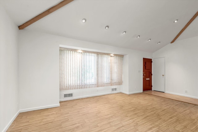 20070 39th Ave, Bayside, NY 11361 - unfurnished room with high vaulted ceiling, beamed ceiling, baseboards, light wood-type flooring, and recessed lighting