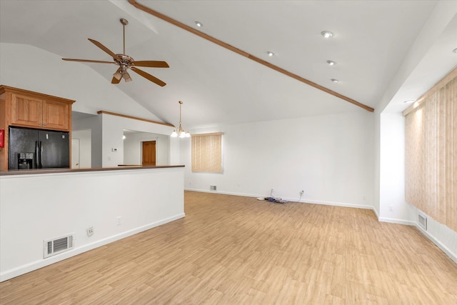 20070 39th Ave, Bayside, NY 11361 - unfurnished living room featuring a ceiling fan, light wood-style floors, baseboards, high vaulted ceiling, and a chandelier