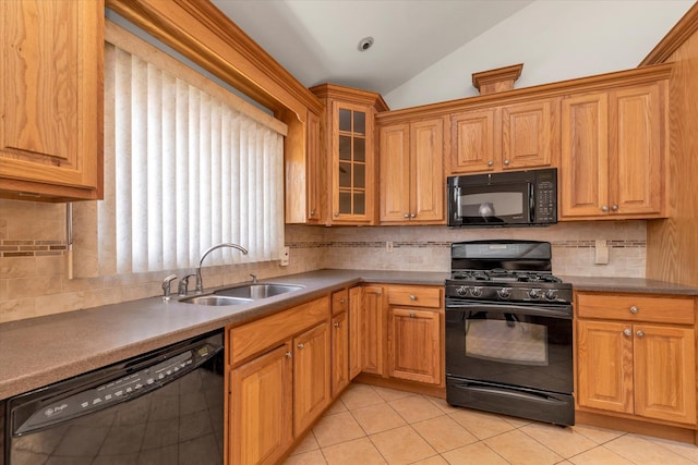20070 39th Ave, Bayside, NY 11361 - kitchen with black appliances, a sink, vaulted ceiling, and backsplash