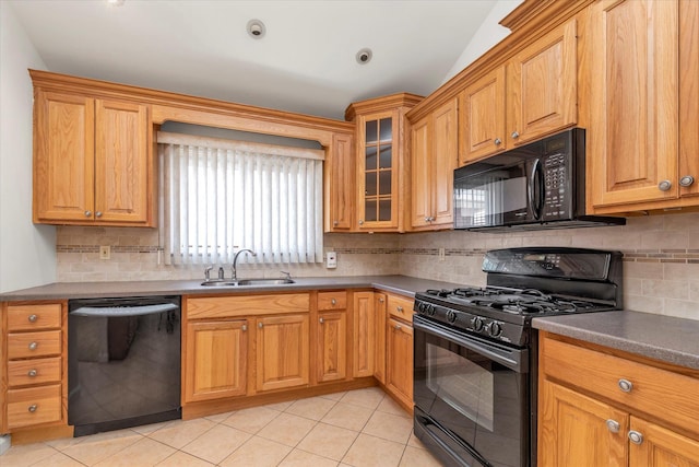 20070 39th Ave, Bayside, NY 11361 - kitchen with black appliances, a sink, backsplash, dark countertops, and light tile patterned flooring