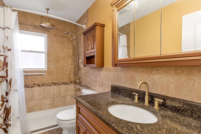 20070 39th Ave, Bayside, NY 11361 - bathroom with vanity, toilet, tasteful backsplash, and a combined bath / shower with rainfall shower