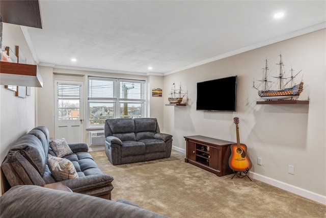 living room with carpet floors and ornamental molding