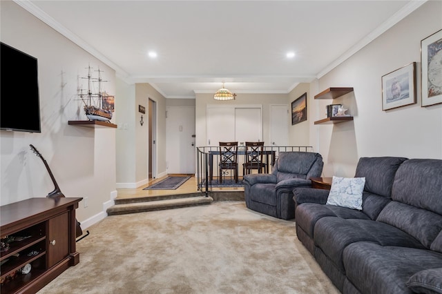 living room with light colored carpet and ornamental molding