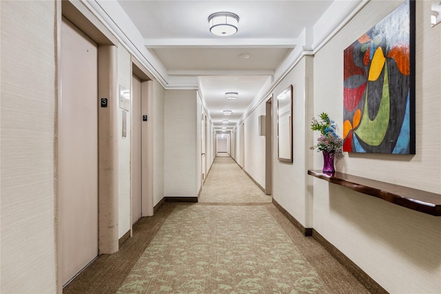 hallway with elevator and light colored carpet