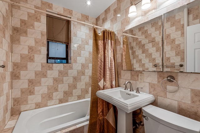 bathroom with shower / bath combination with curtain, tile walls, and toilet