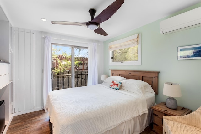 362 Ocean Walk, Fire Island Pines, NY 11782 - bedroom featuring a wall mounted air conditioner, access to outside, dark wood finished floors, a ceiling fan, and recessed lighting