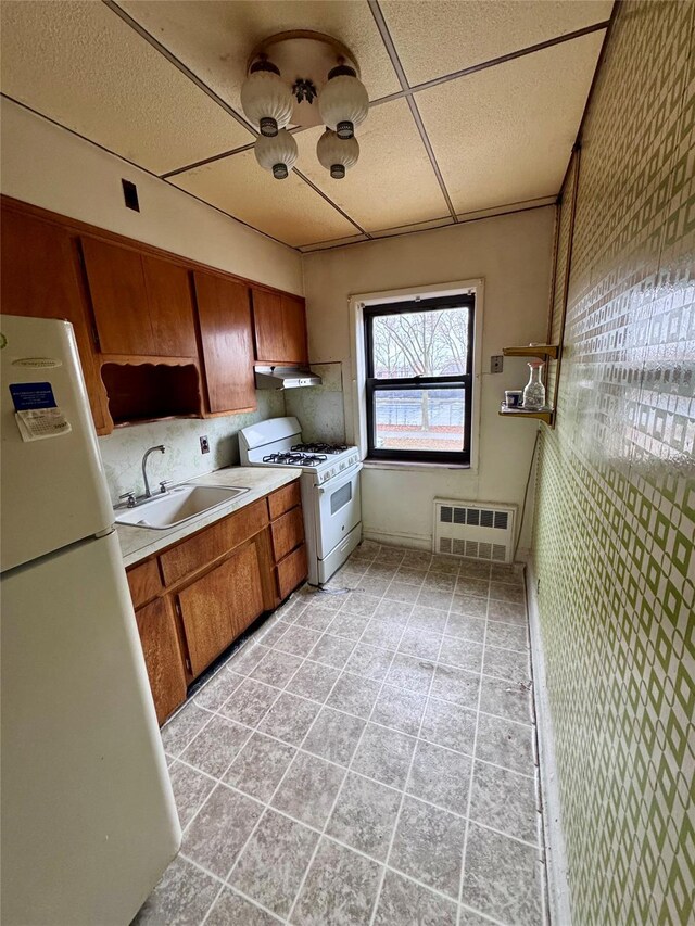 kitchen featuring range hood, white appliances, and sink