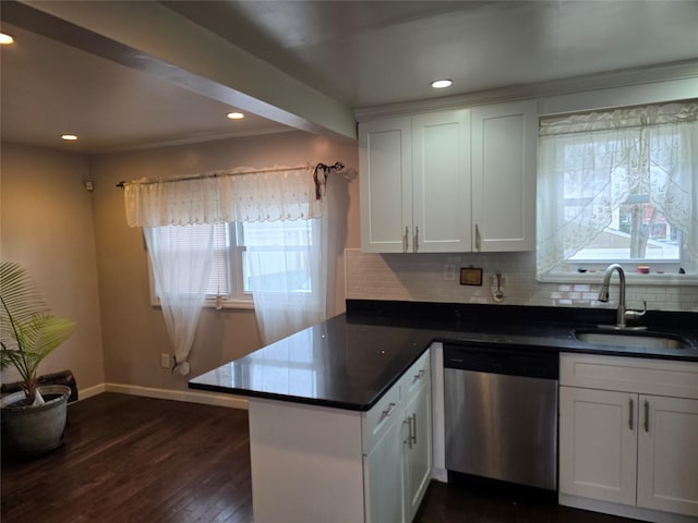 kitchen featuring kitchen peninsula, white cabinets, stainless steel dishwasher, and sink