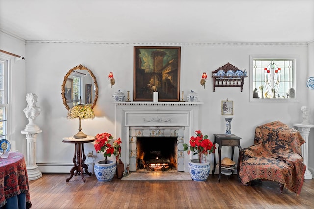 living area featuring baseboard heating, crown molding, and hardwood / wood-style floors