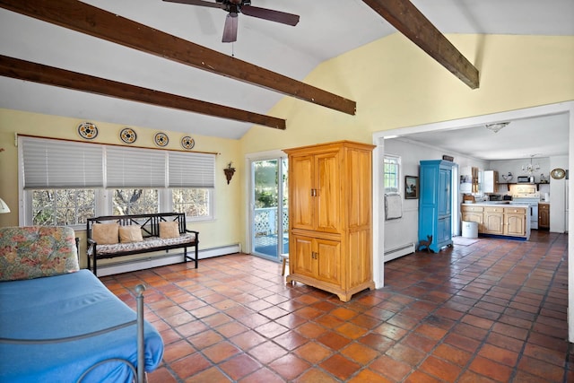 tiled living room with ceiling fan, beam ceiling, and a baseboard radiator