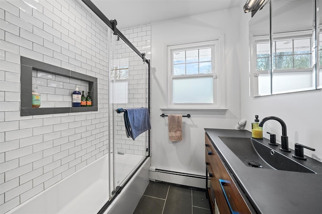 bathroom featuring tile patterned flooring, bath / shower combo with glass door, vanity, and baseboard heating