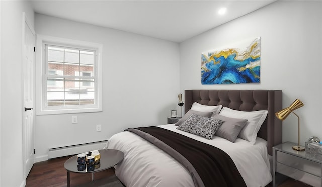 bedroom with dark hardwood / wood-style flooring and baseboard heating