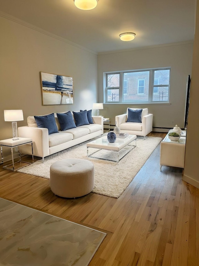 living room featuring hardwood / wood-style flooring and crown molding