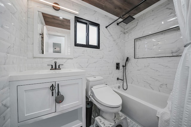 full bathroom featuring vanity, toilet, shower / bathtub combination with curtain, tile walls, and wood ceiling