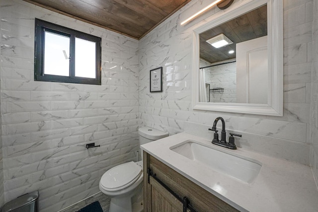 bathroom featuring a shower with shower curtain, vanity, toilet, and wood ceiling